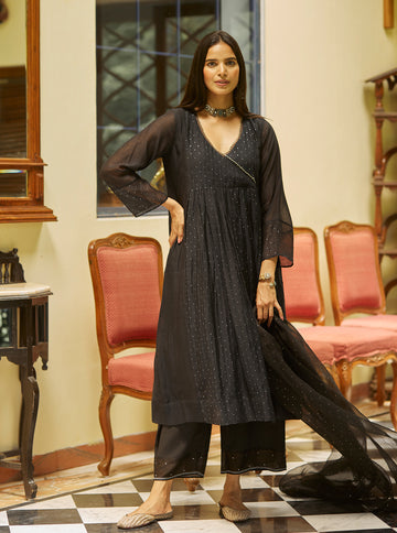 Black Mukaish Angarkha Kurta Set