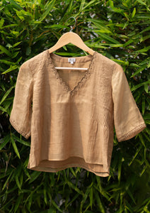 Beige Embroidered Pintuck Blouse