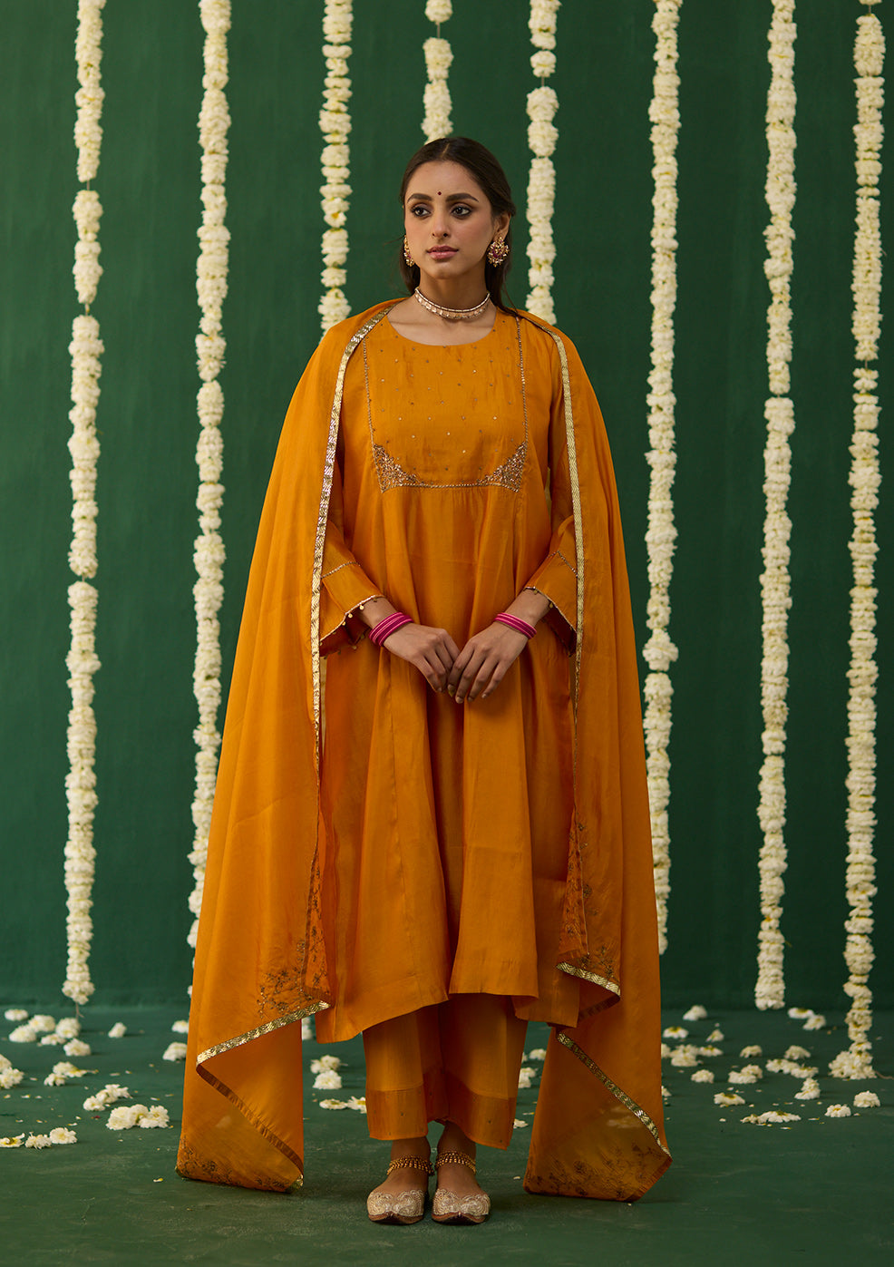 Saffron Embroidered Yoke Kurta Set