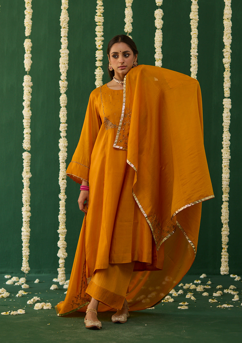 Saffron Embroidered Yoke Kurta Set