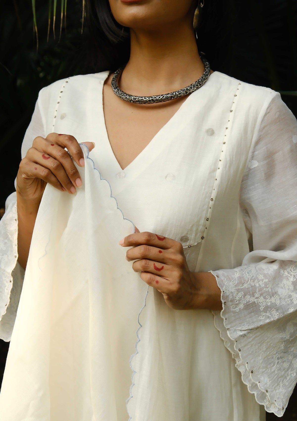 Ivory Embroidered Woven Dots Kurta Set