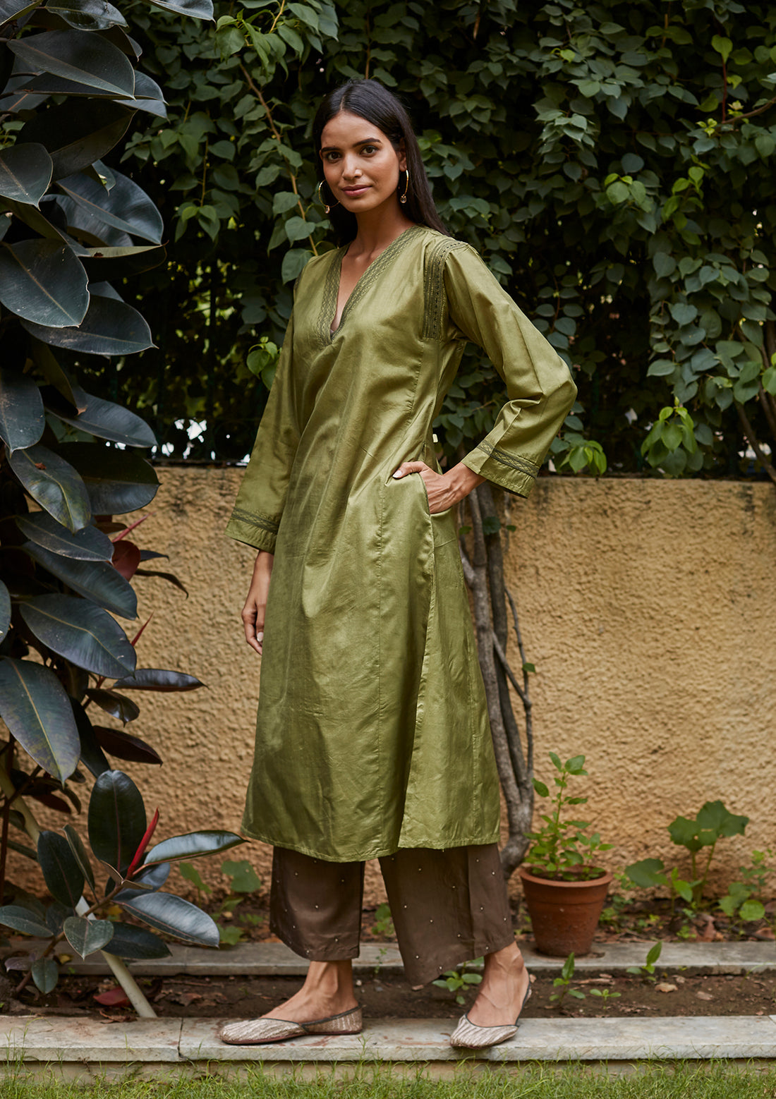 Leaf Green Embroidered Silk Kurta Set