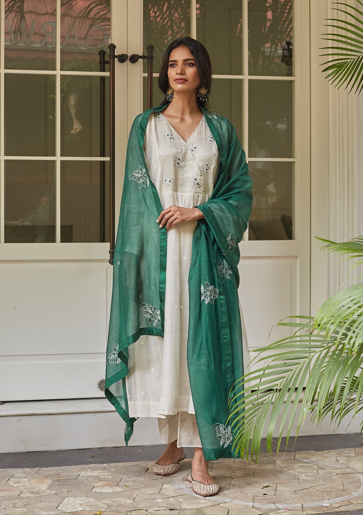 Ivory and Emerald Embroidered Kurta Set