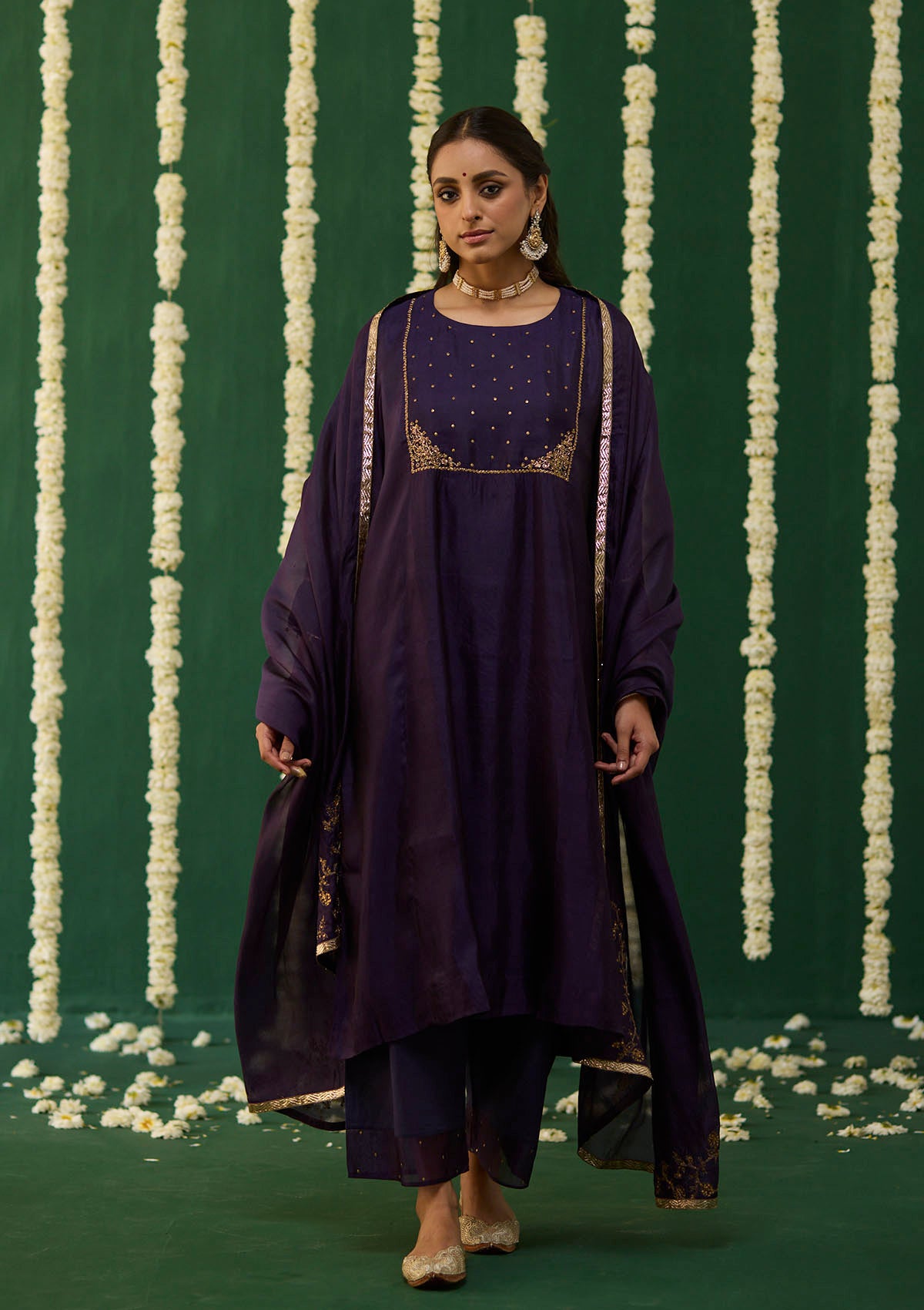 Violet Embroidered Yoke Kurta Set