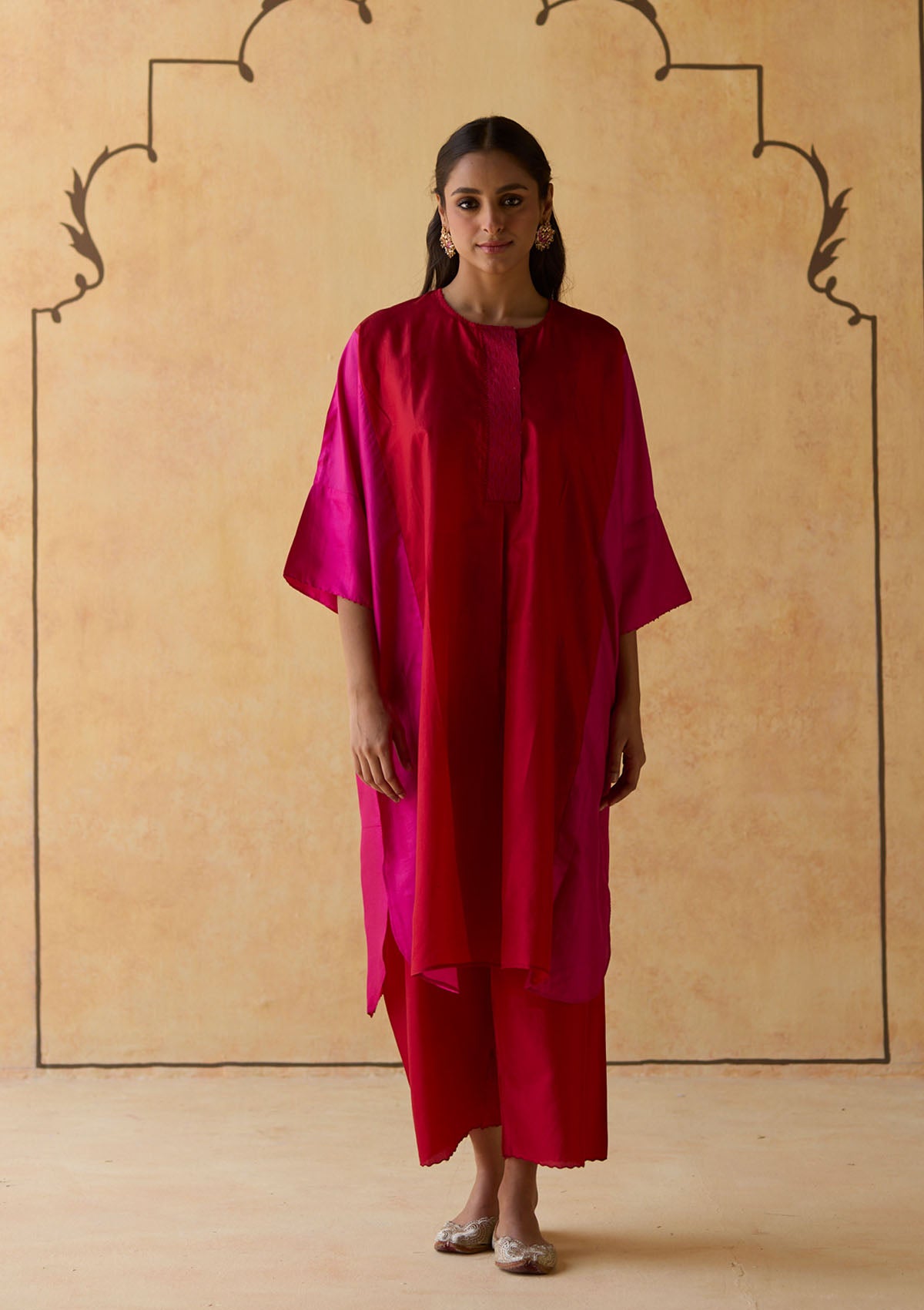 Scarlet and Fuchsia Colourblock Silk Kurta Set