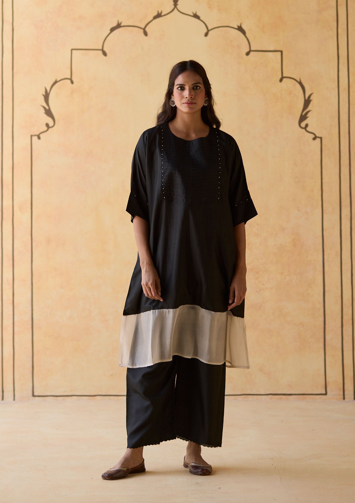 Midnight Black and Ivory Colourblock Silk Kurta Set