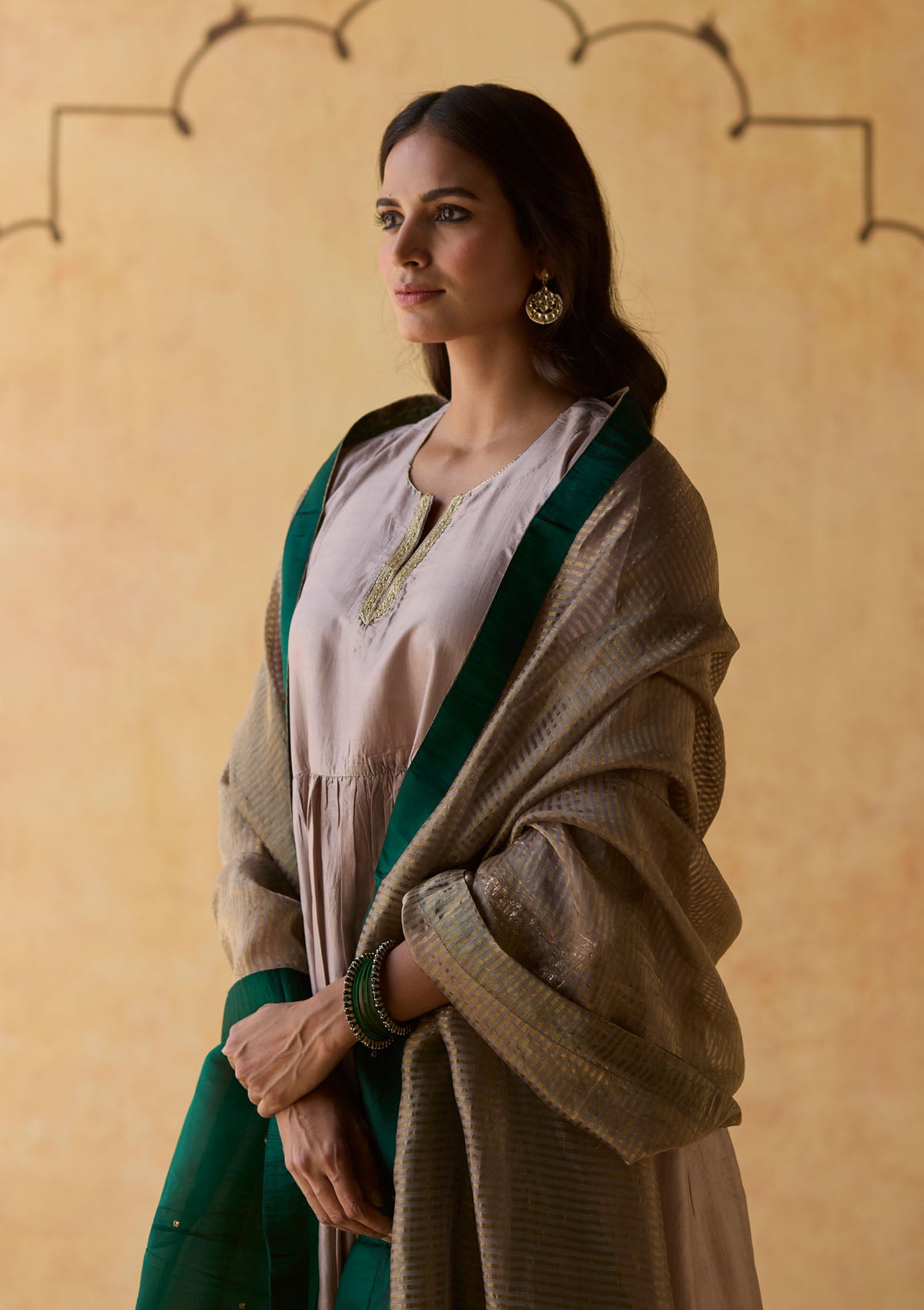 Slate and Emerald Colourblock Silk Kurta Set