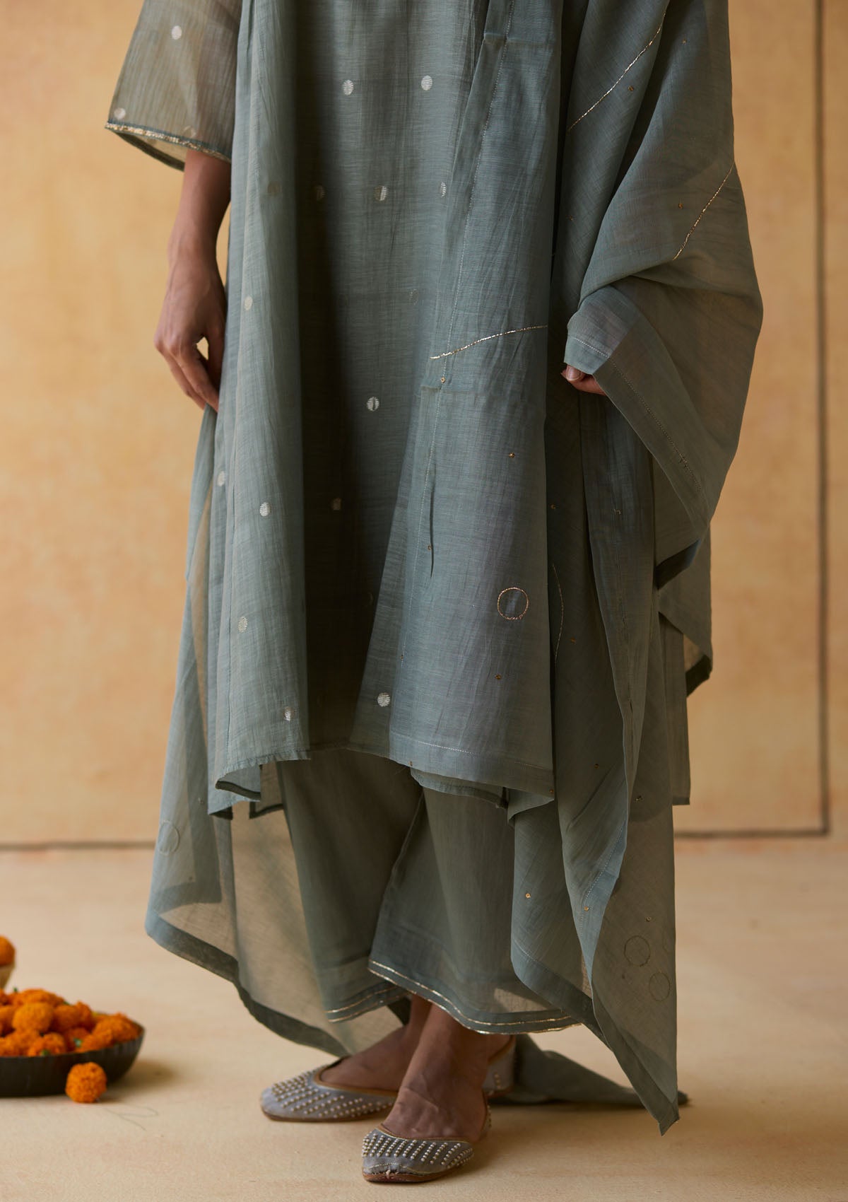 Teal Silver Woven Dots Kurta Set