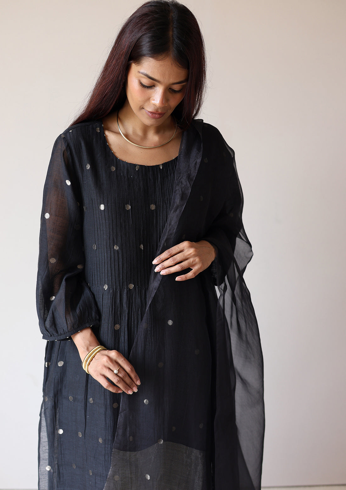 Midnight Black Silver Woven Dots Kurta Set