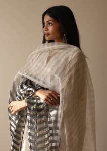 Ivory & Midnight Black Colourblock Zari Dupatta