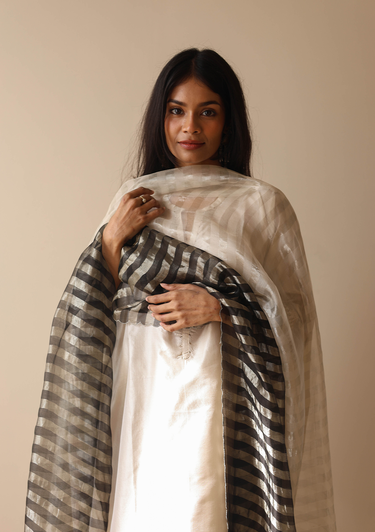 Ivory & Midnight Black Colourblock Zari Dupatta