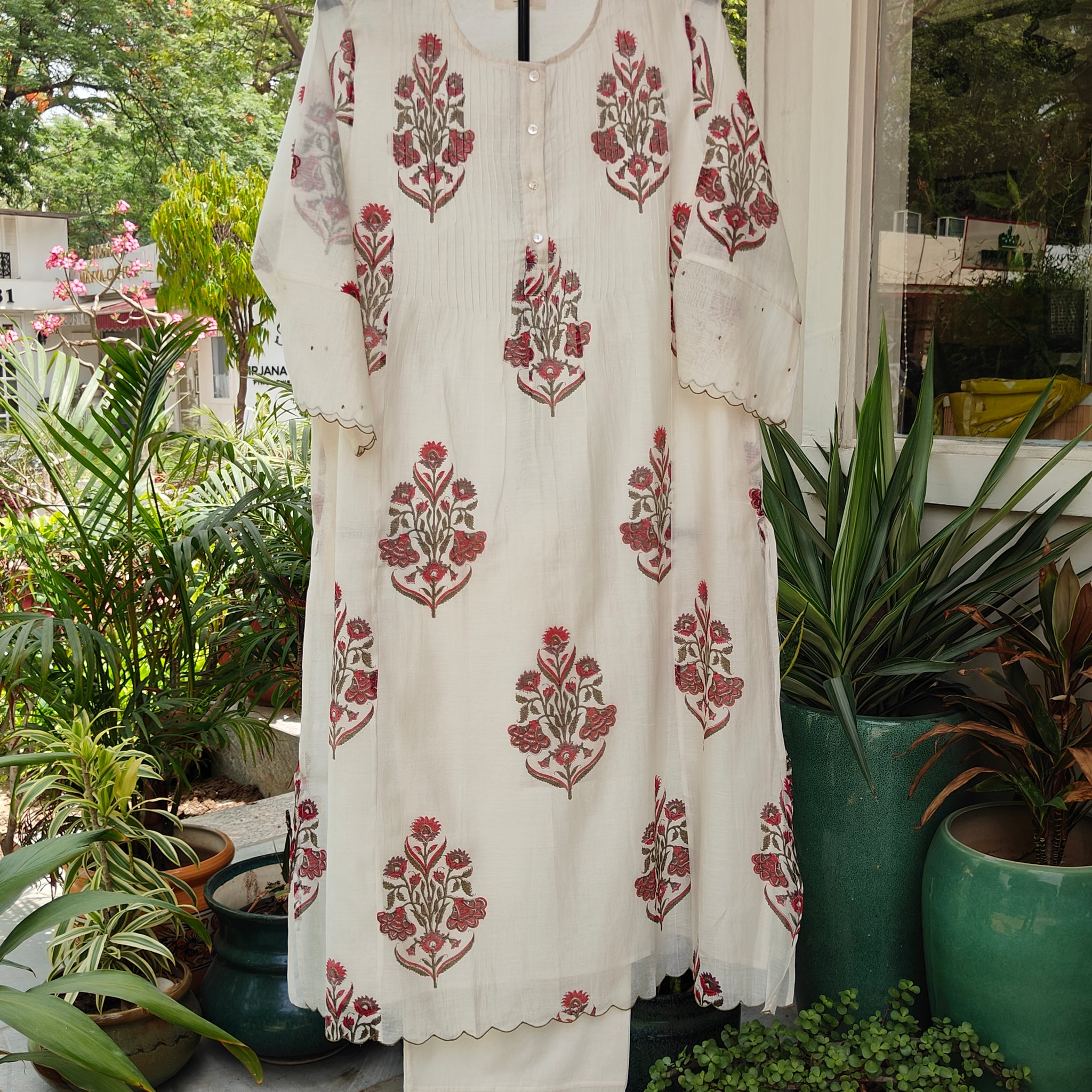 Ivory & Red Blockprint Kurta Set