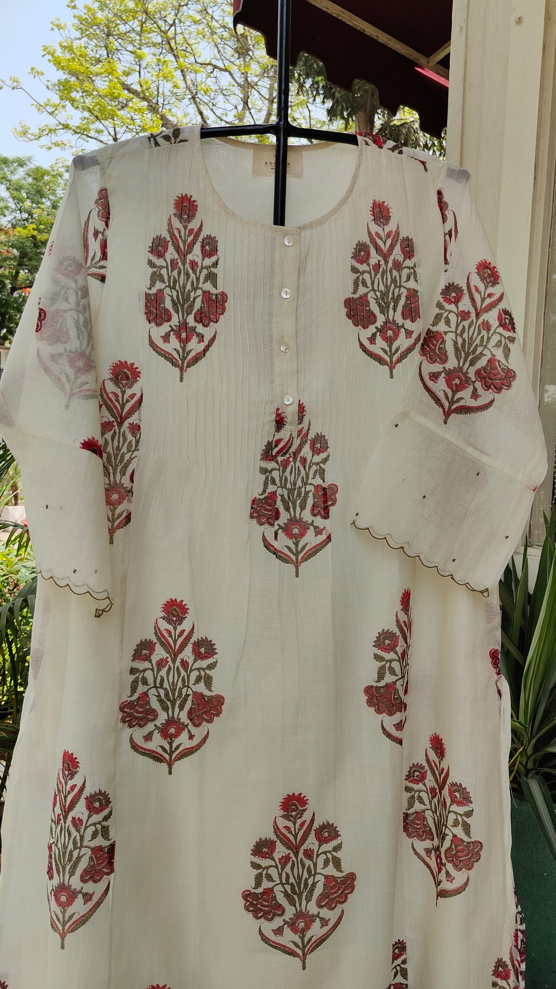 Ivory & Red Blockprint Kurta Set