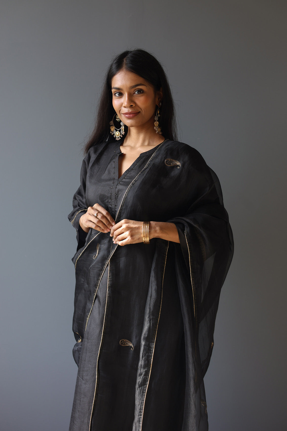 Midnight Black Embroidered Organza Dupatta