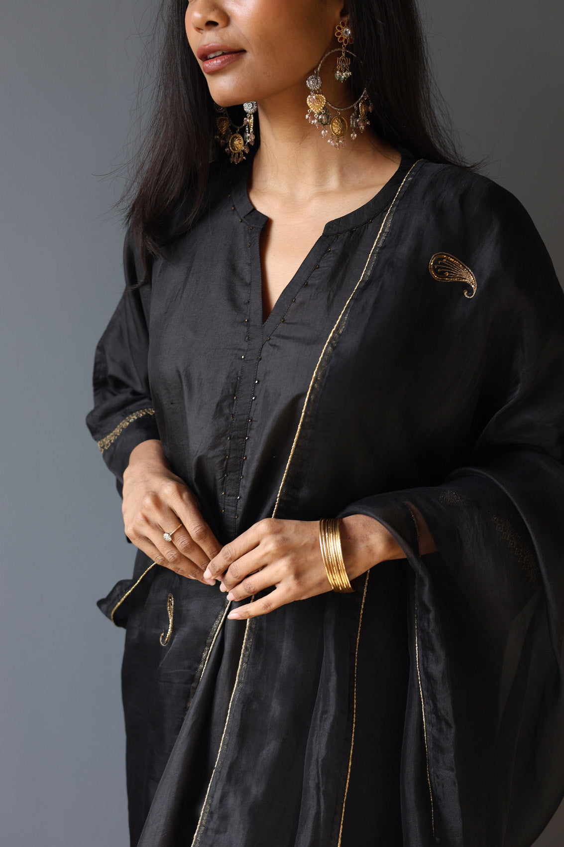 Midnight Black Embroidered Organza Dupatta