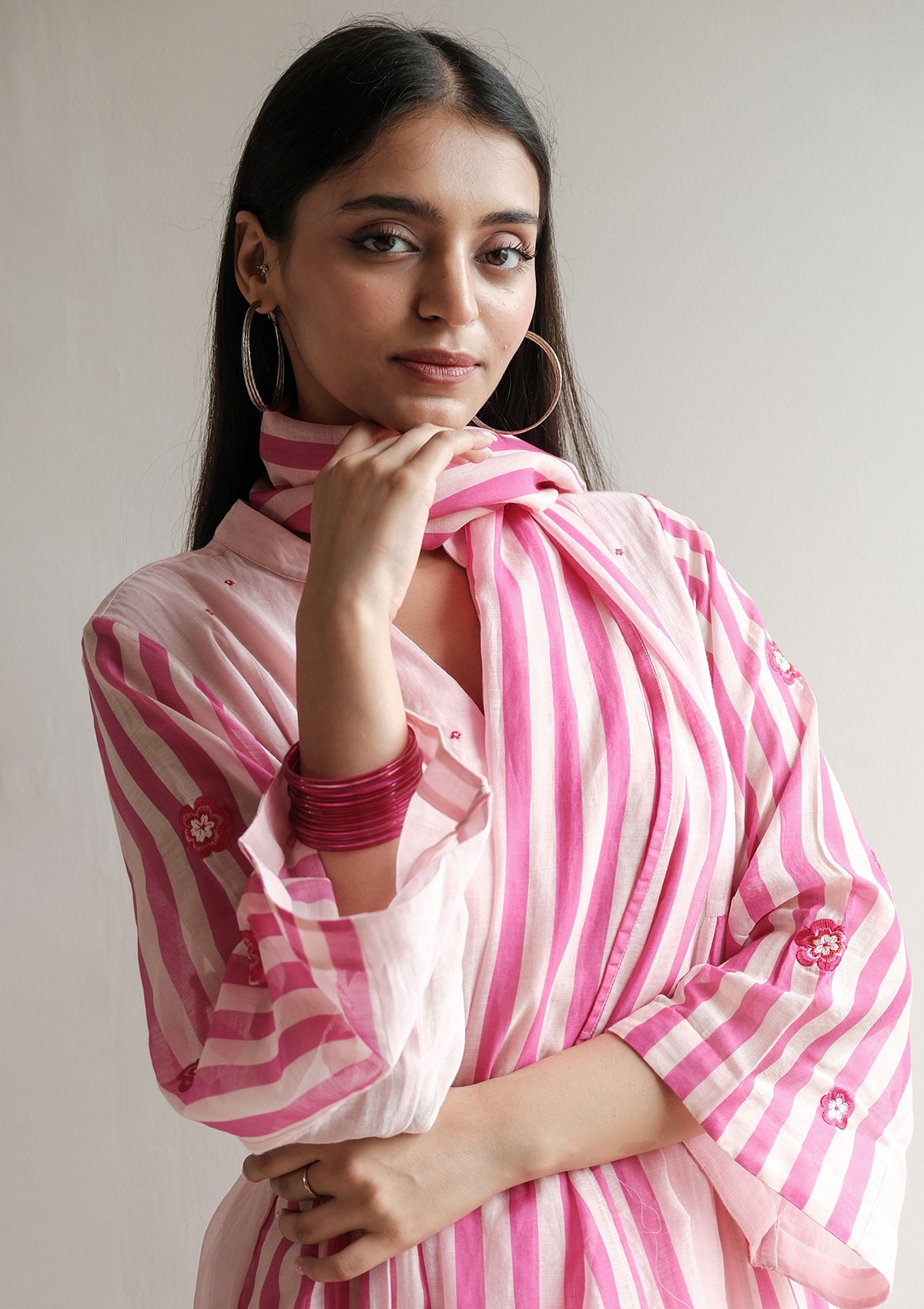 Fuchsia Floral Striped Kurta Set