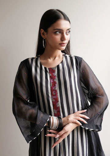 Midnight Black and Ivory Beaded Striped Kurta Set