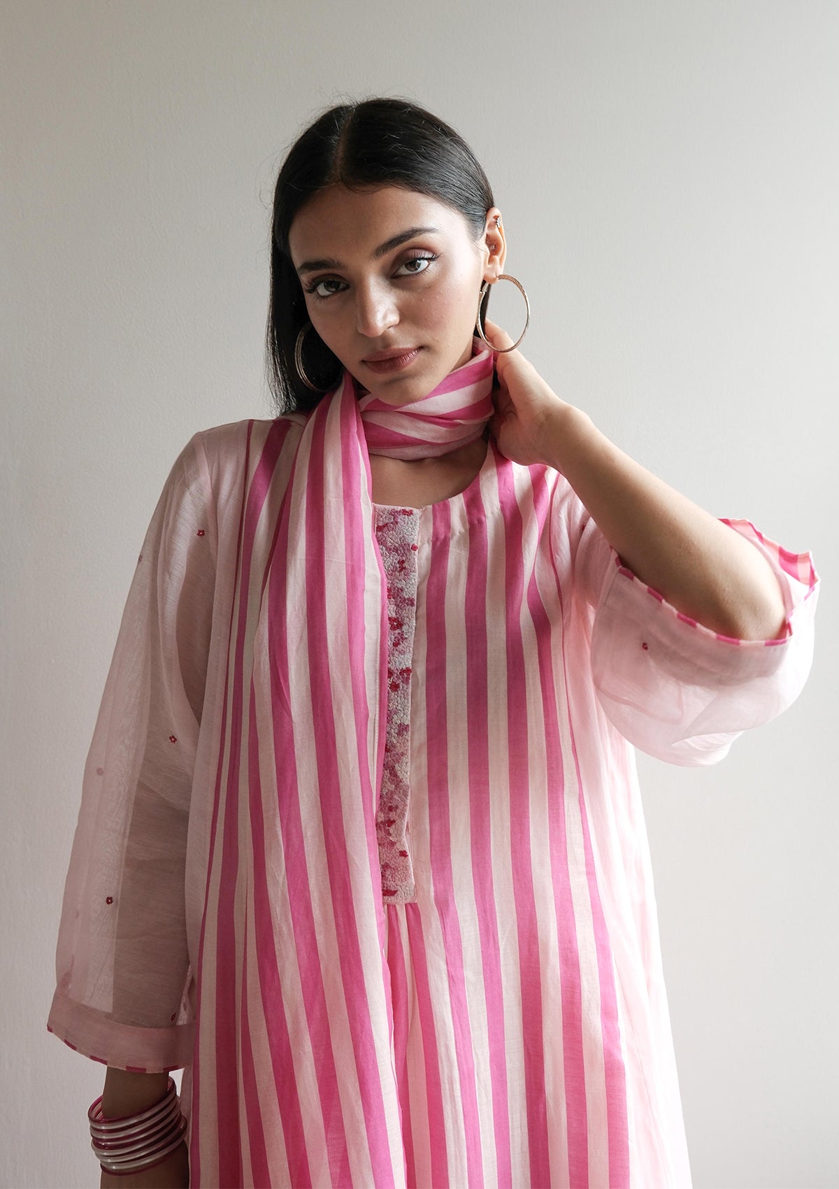 Fuchsia and Ivory Striped Kurta Set