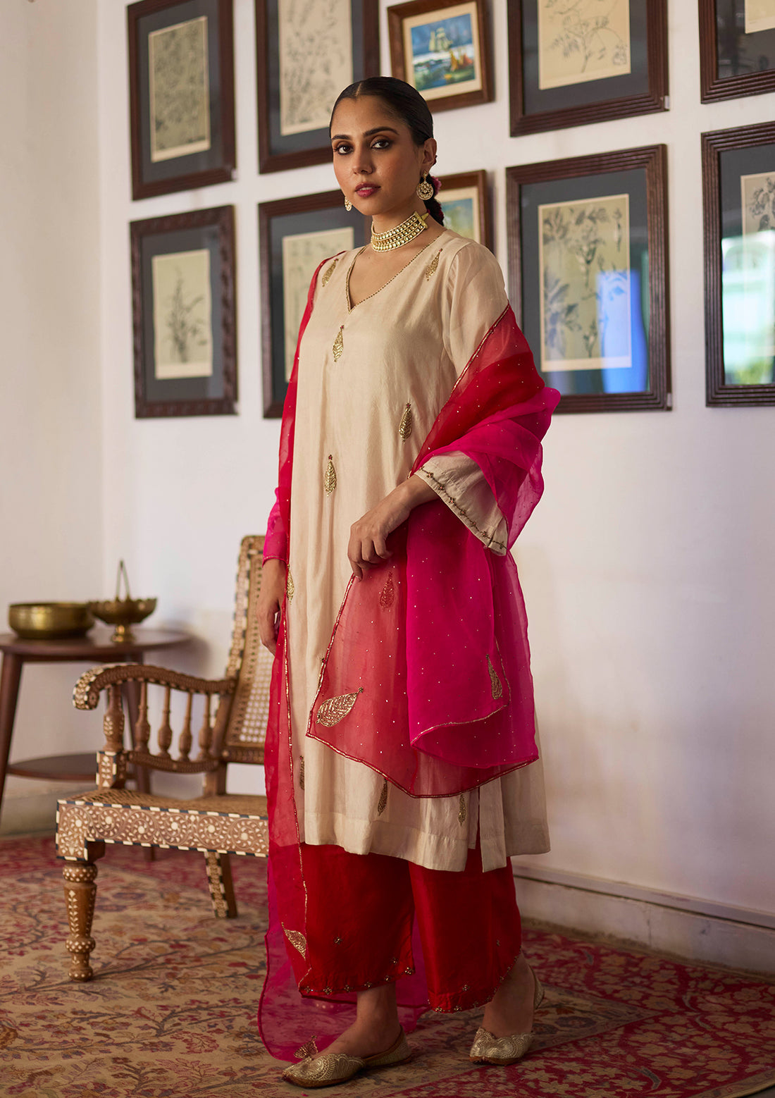 Ivory and Fuchsia Embroidered Kurta Set