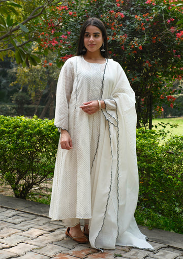 Ivory and Black Polka Dot Kurta Set