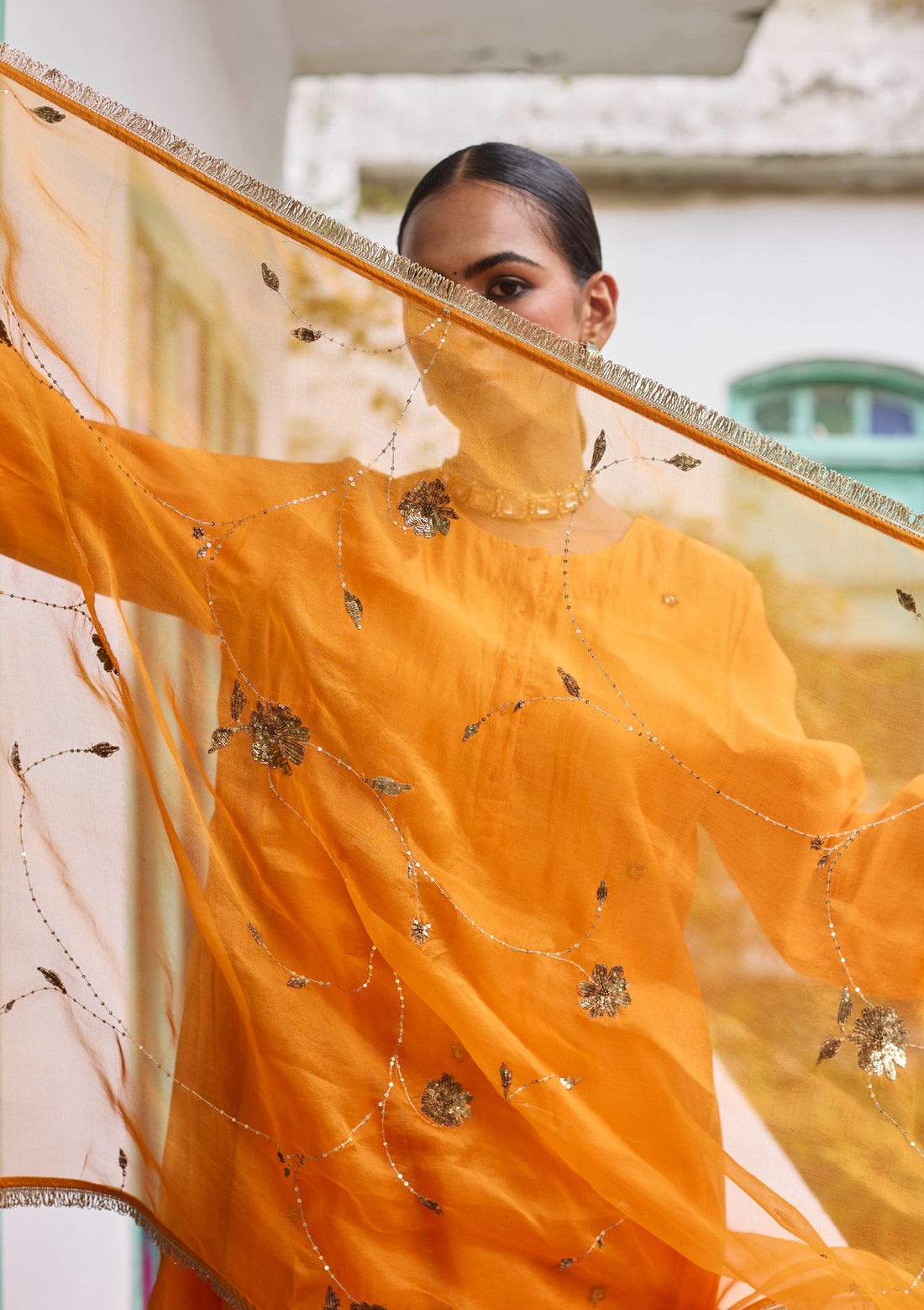 Saffron Zardozi Embroidered Kurta Set