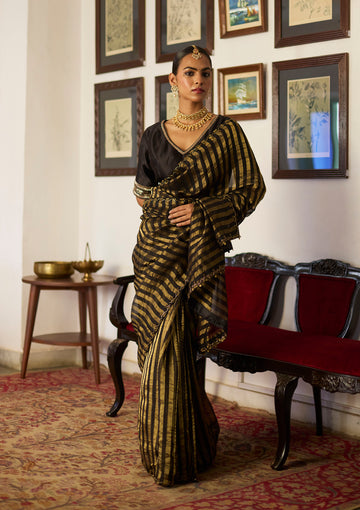 Midnight Black Tissue Striped Saree