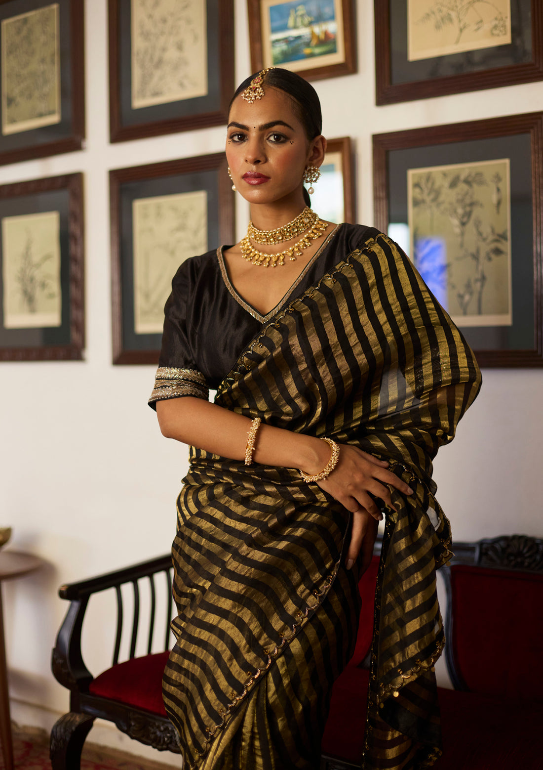 Midnight Black Tissue Striped Saree