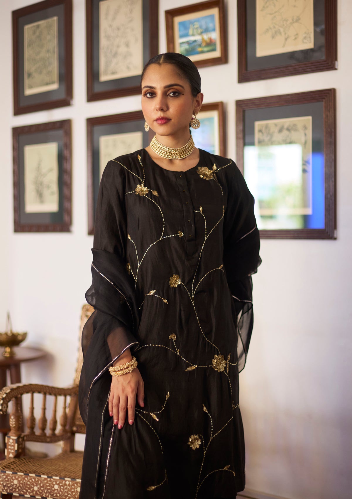 Midnight Black Floral Jaal Kurta Set
