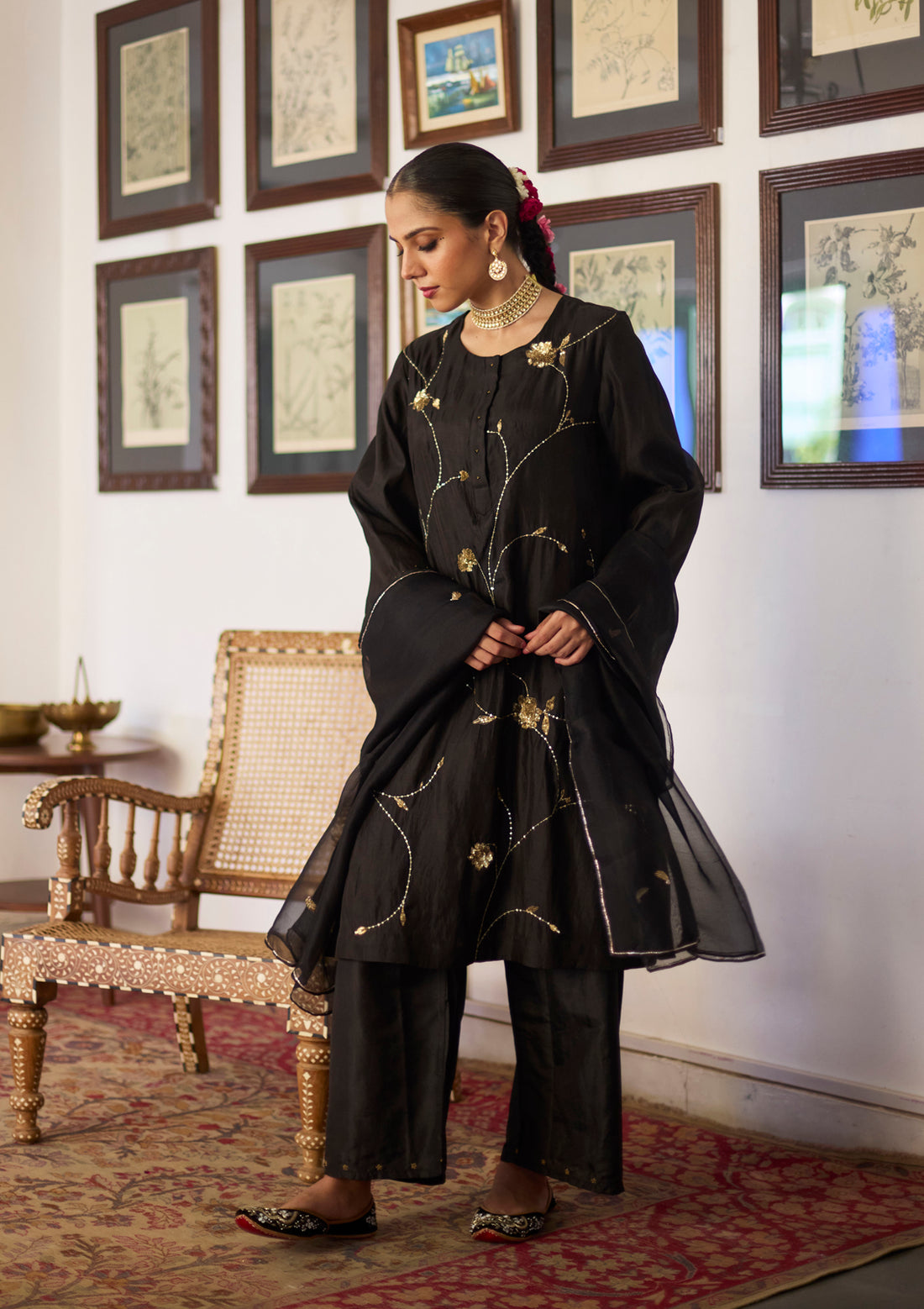 Midnight Black Floral Jaal Kurta Set