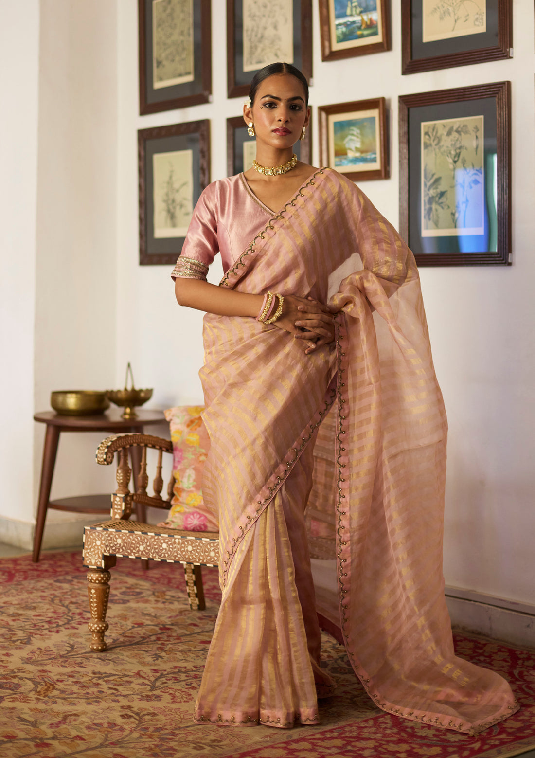 Blush Tissue Striped Saree