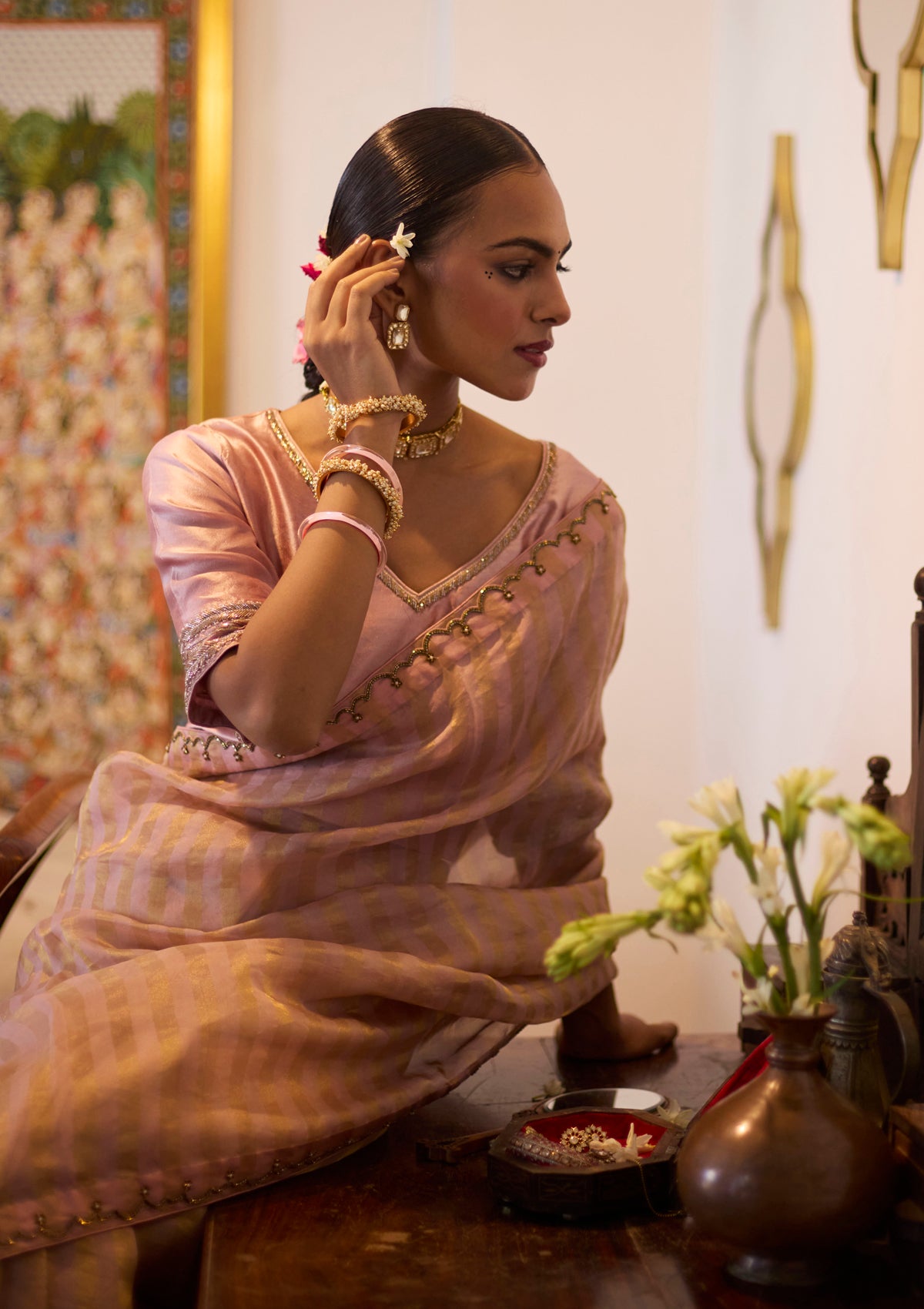 Blush Tissue Striped Saree