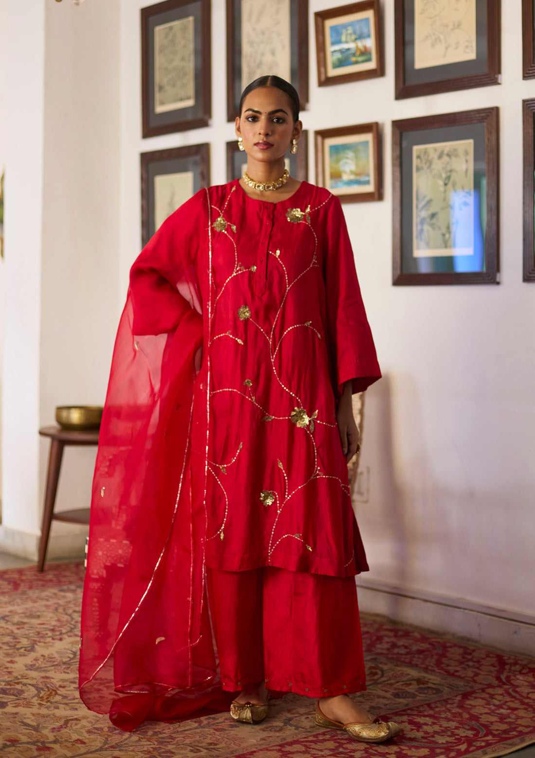 Scarlet Floral Jaal Kurta Set