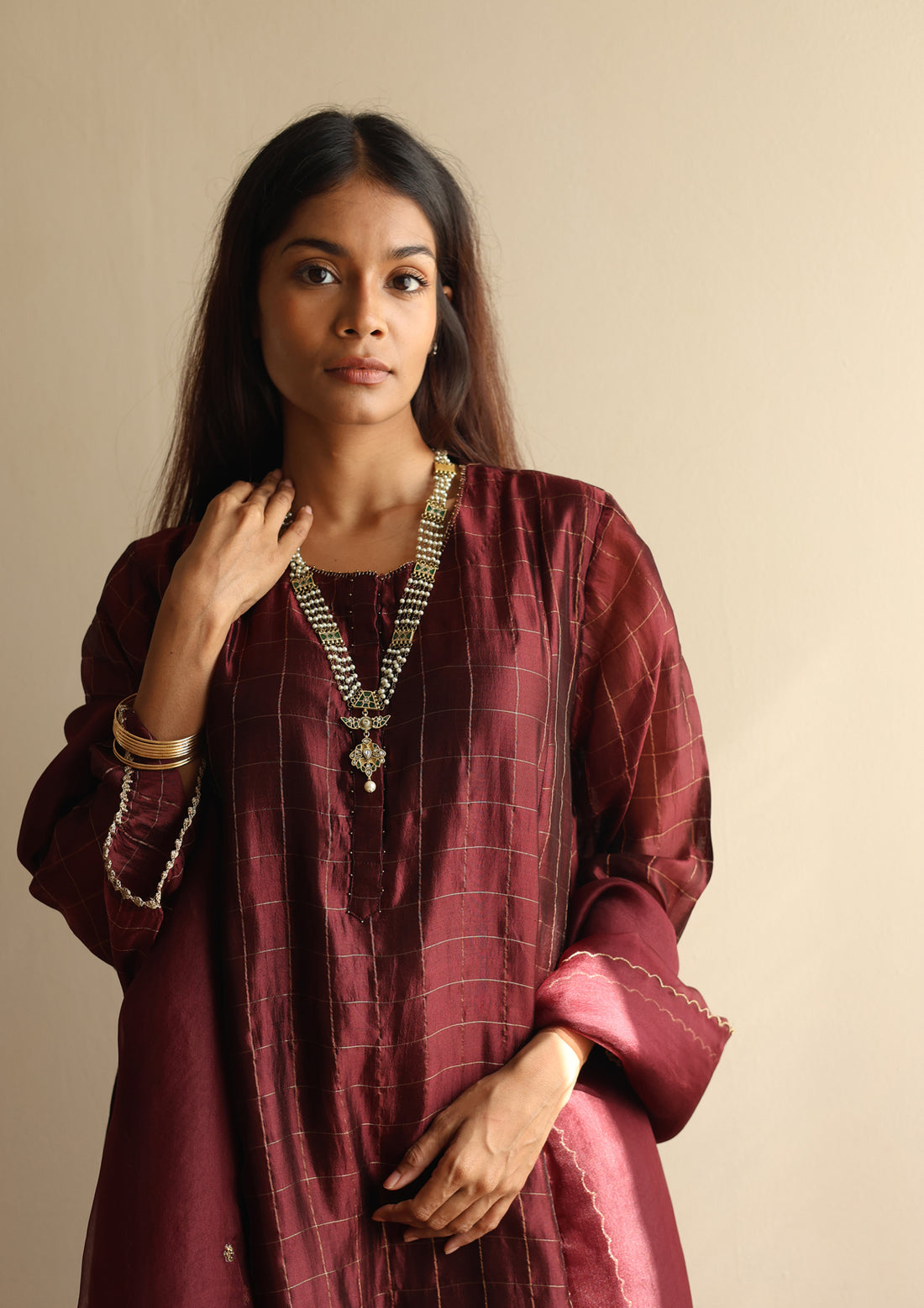 Burgundy Checkered Kurta Set