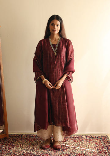 Burgundy Checkered Kurta Set