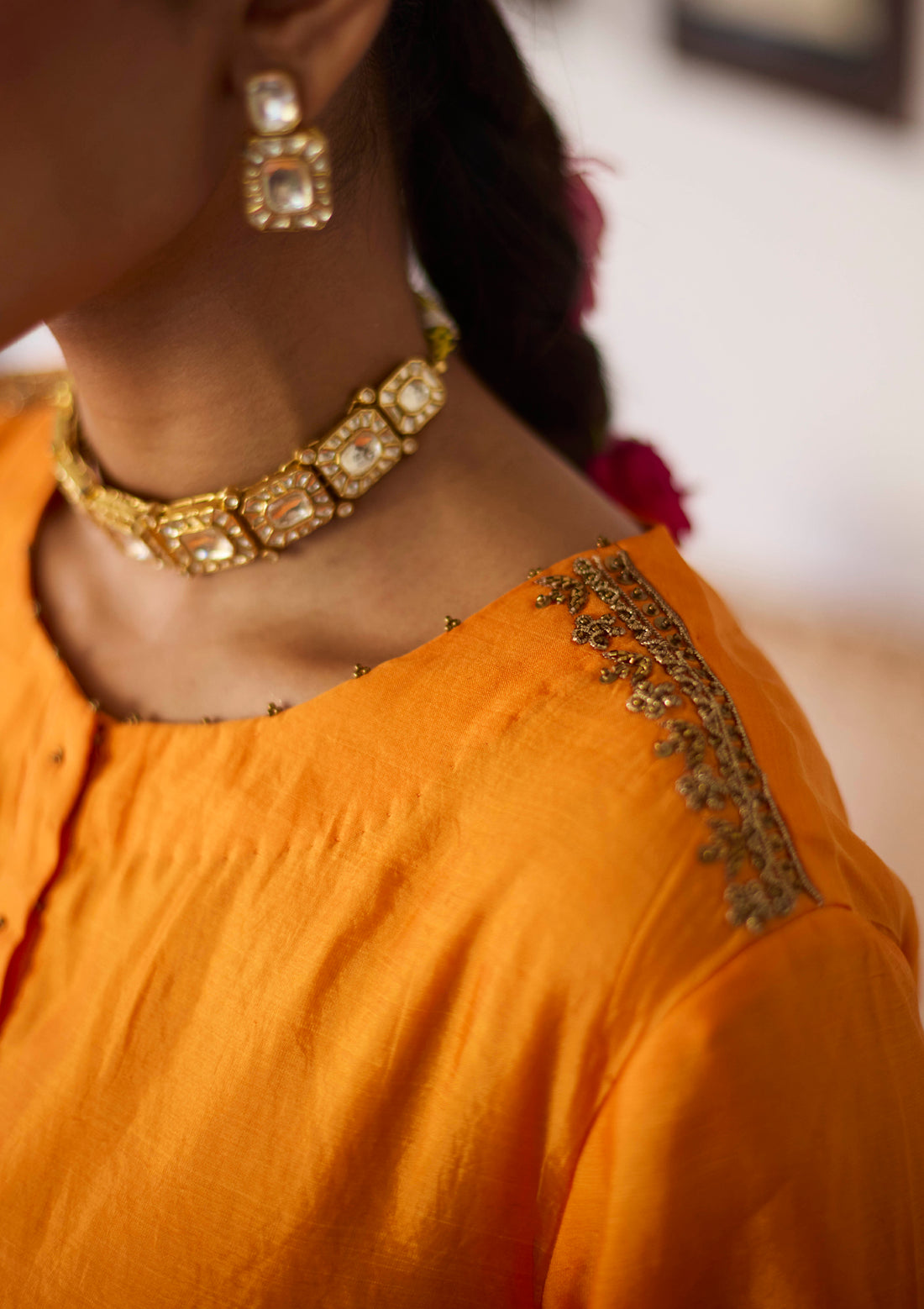 Saffron Zari Embroidered Silk Kurta Set
