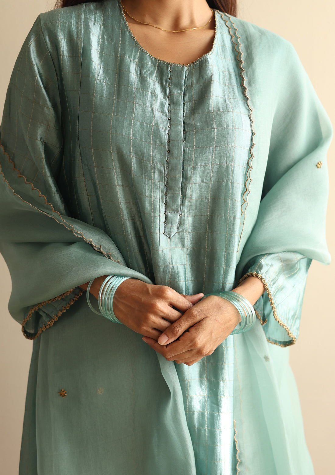 Powder Blue Checkered  Kurta Set