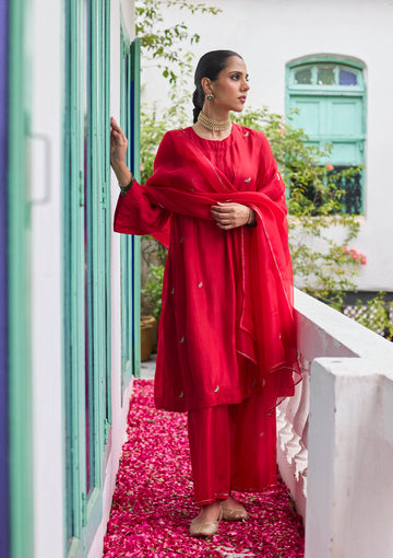 Scarlet Silk Embroidered Kurta Set