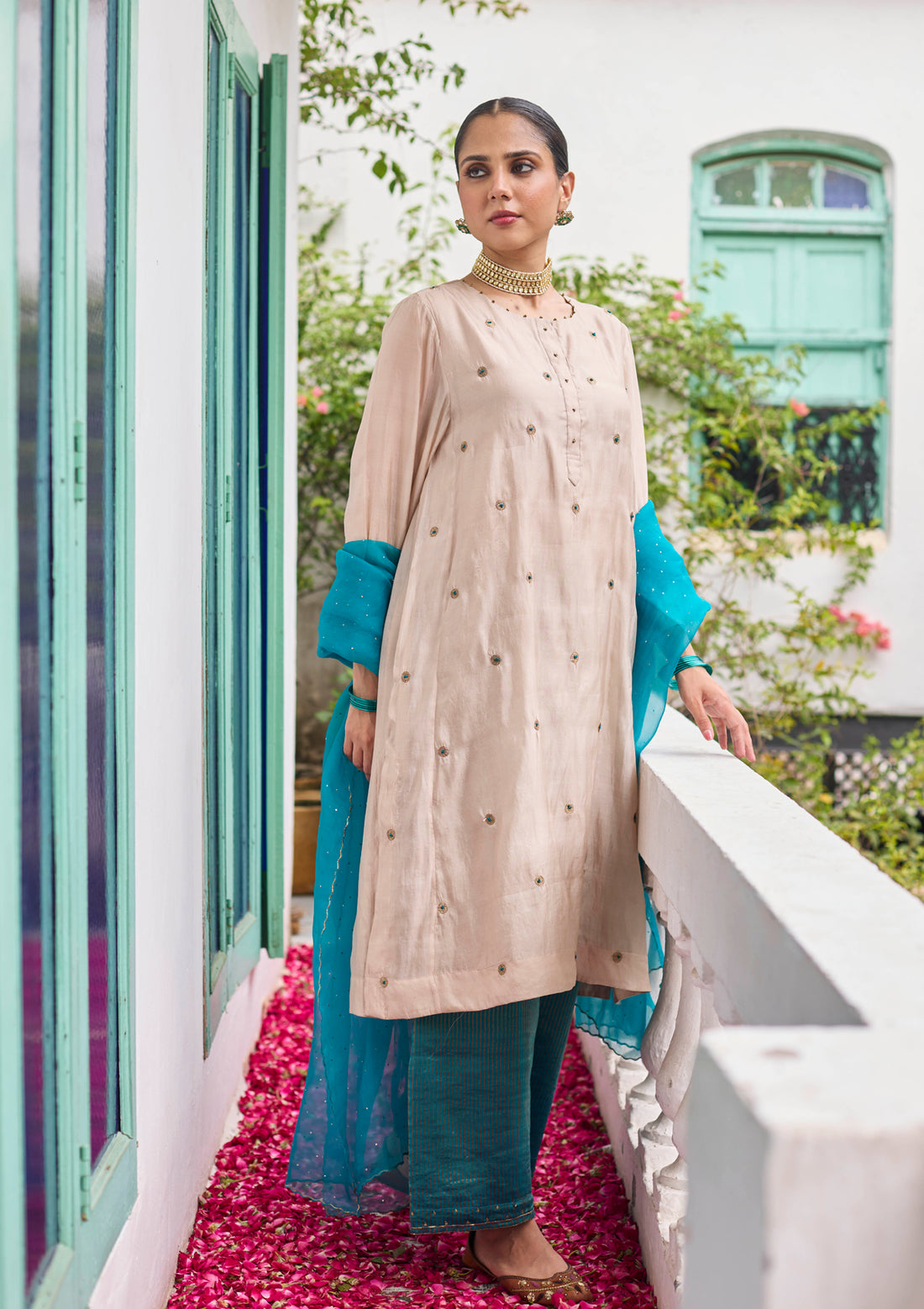 Ivory and Blue Embroidered Kurta Set
