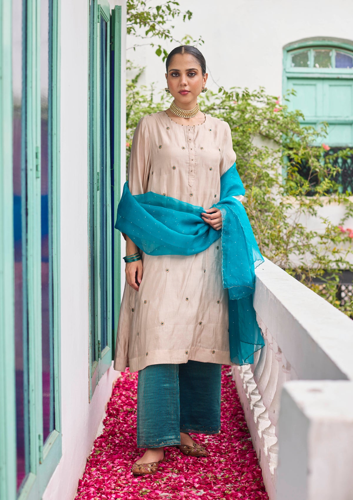 Ivory and Blue Embroidered Kurta Set