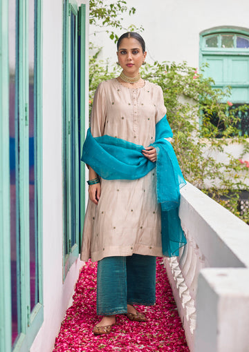 Ivory and Blue Embroidered Kurta Set
