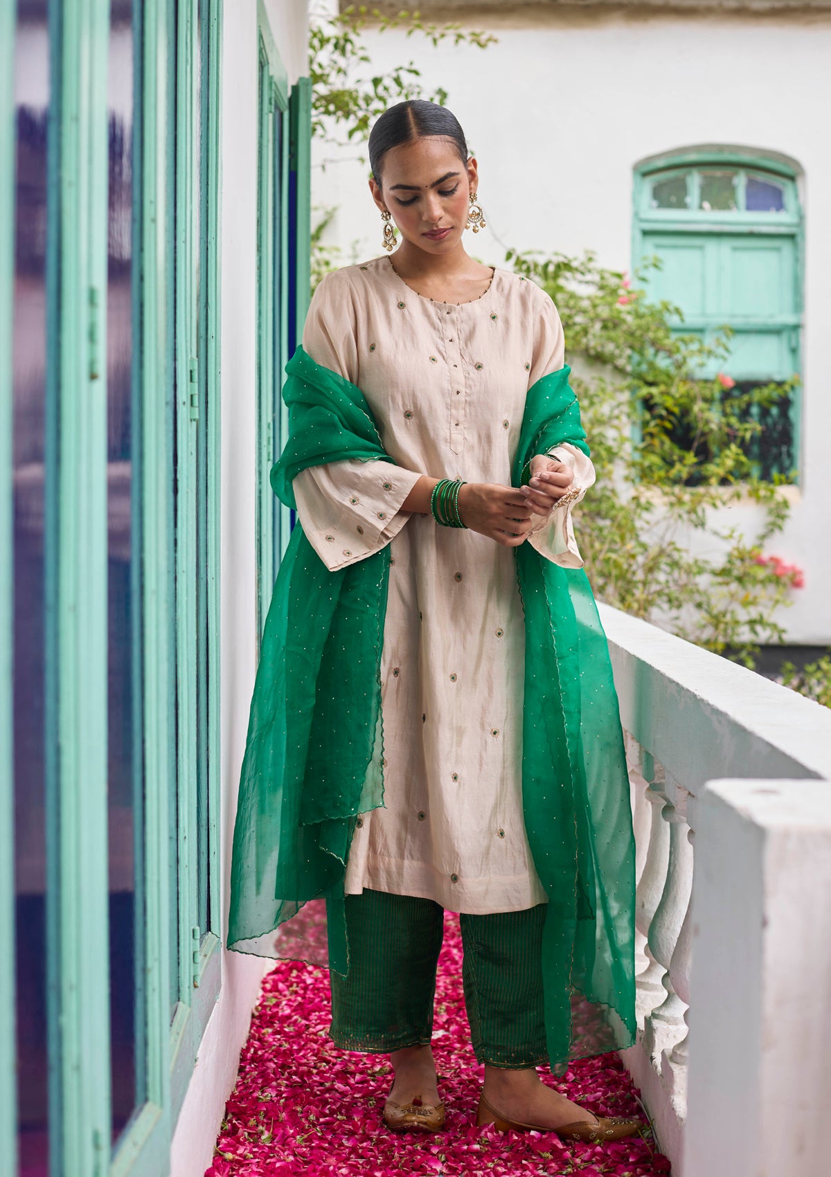 Ivory and Emerald Embroidered Kurta Set
