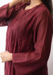 Burgundy Mukaish Pintuck Kurta Set