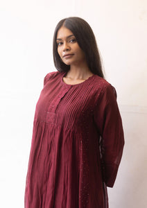 Burgundy Mukaish Pintuck Kurta Set