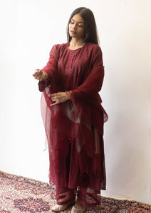 Burgundy Mukaish Pintuck Kurta Set