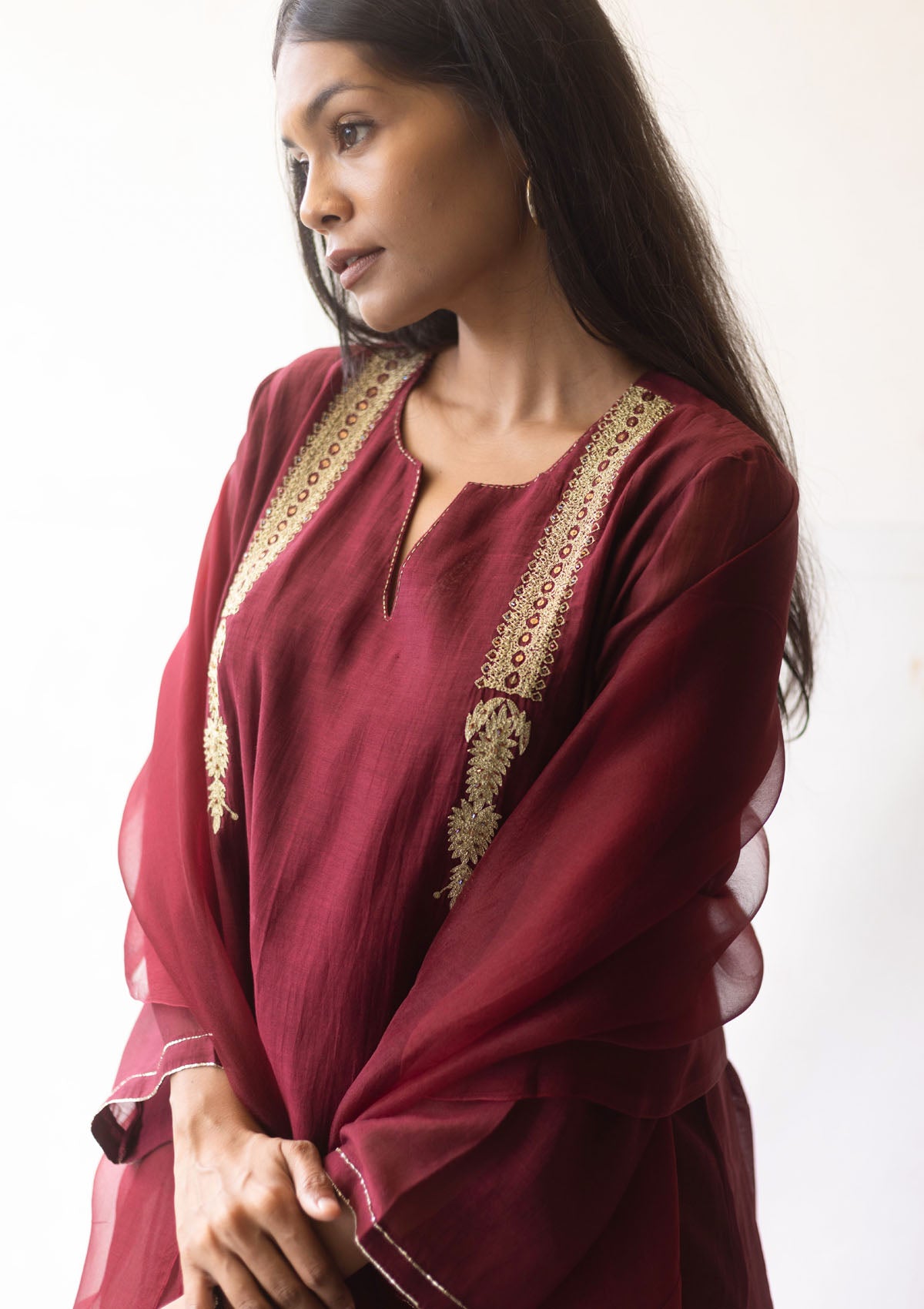 Burgundy Zari Embroidered Kurta Set