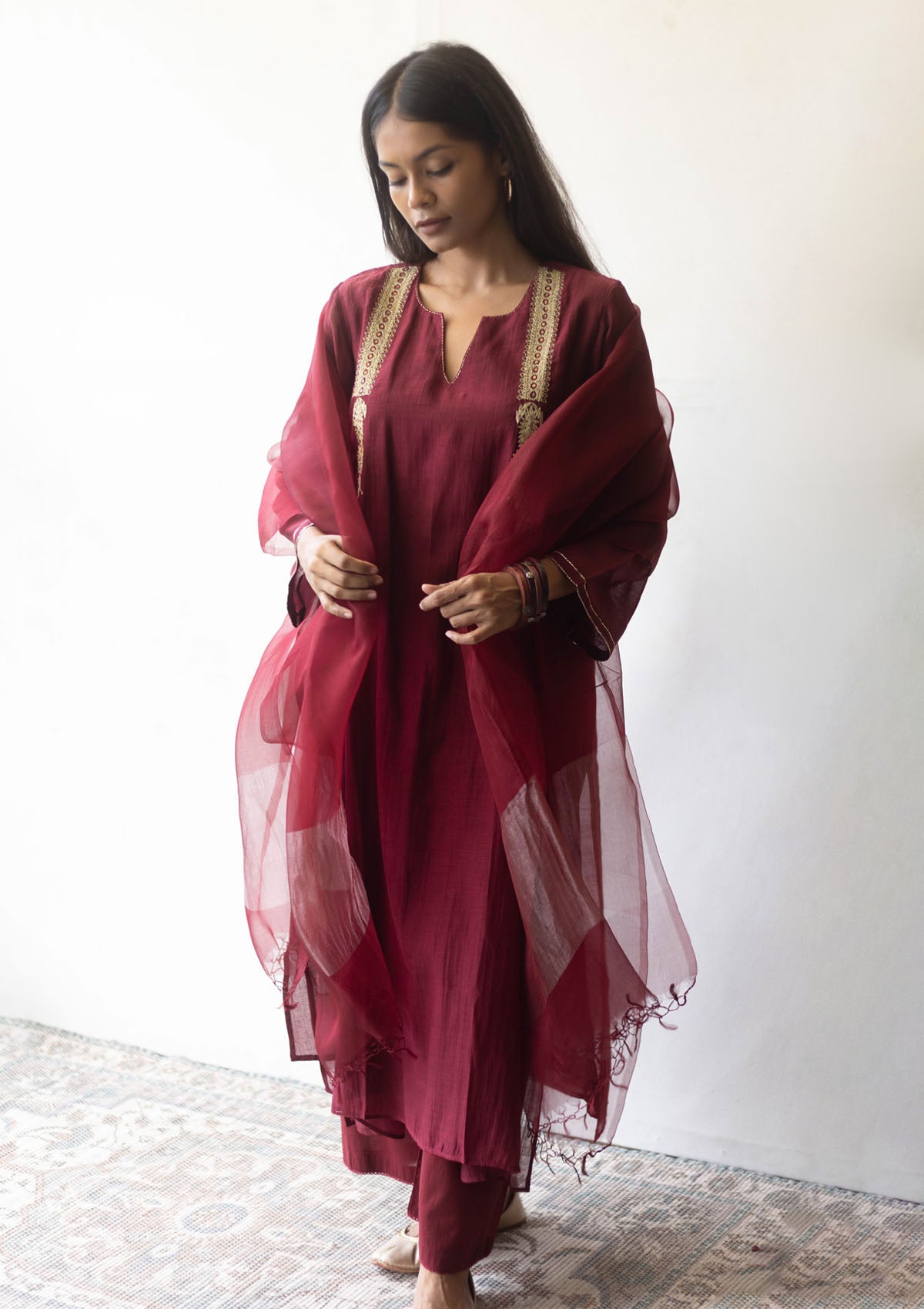 Burgundy Zari Embroidered Kurta Set