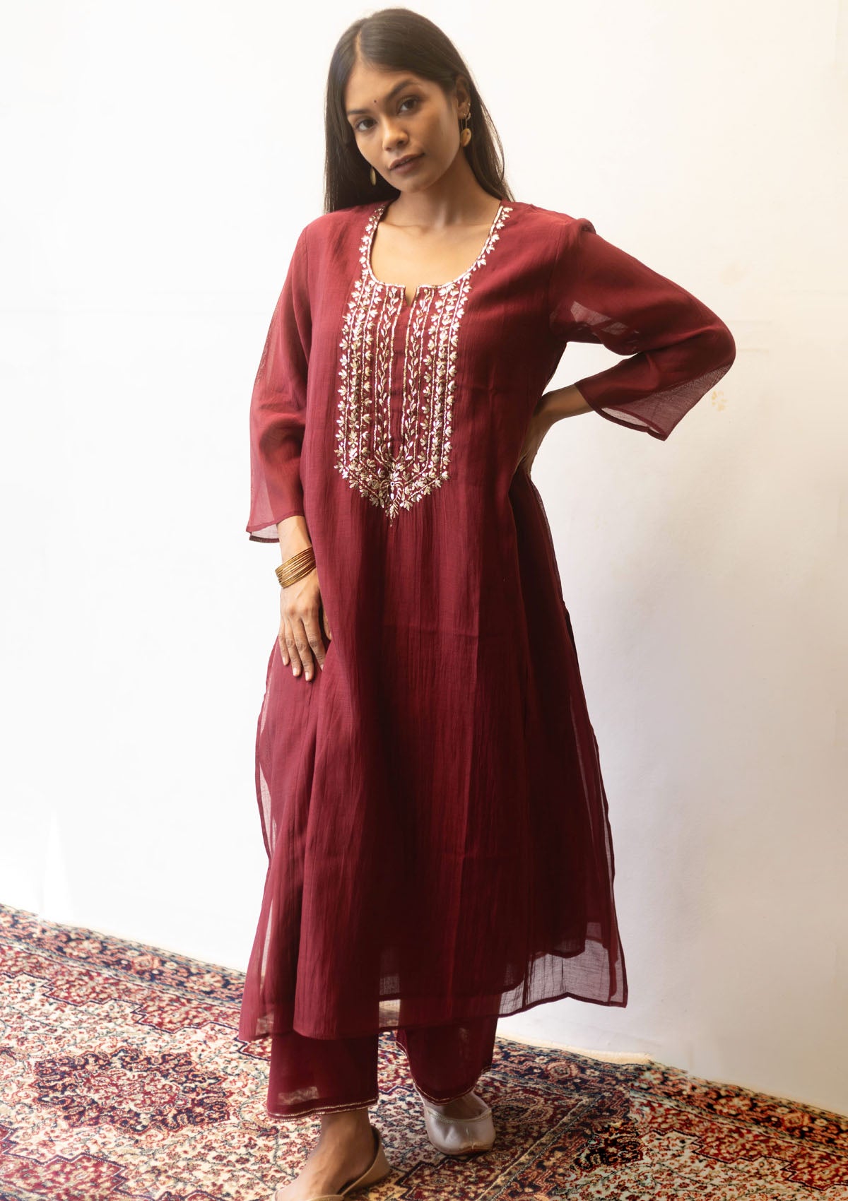 Burgundy Mukaish Kurta Set