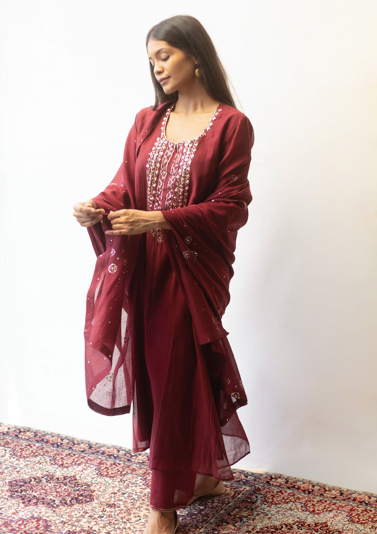 Burgundy Mukaish Kurta Set