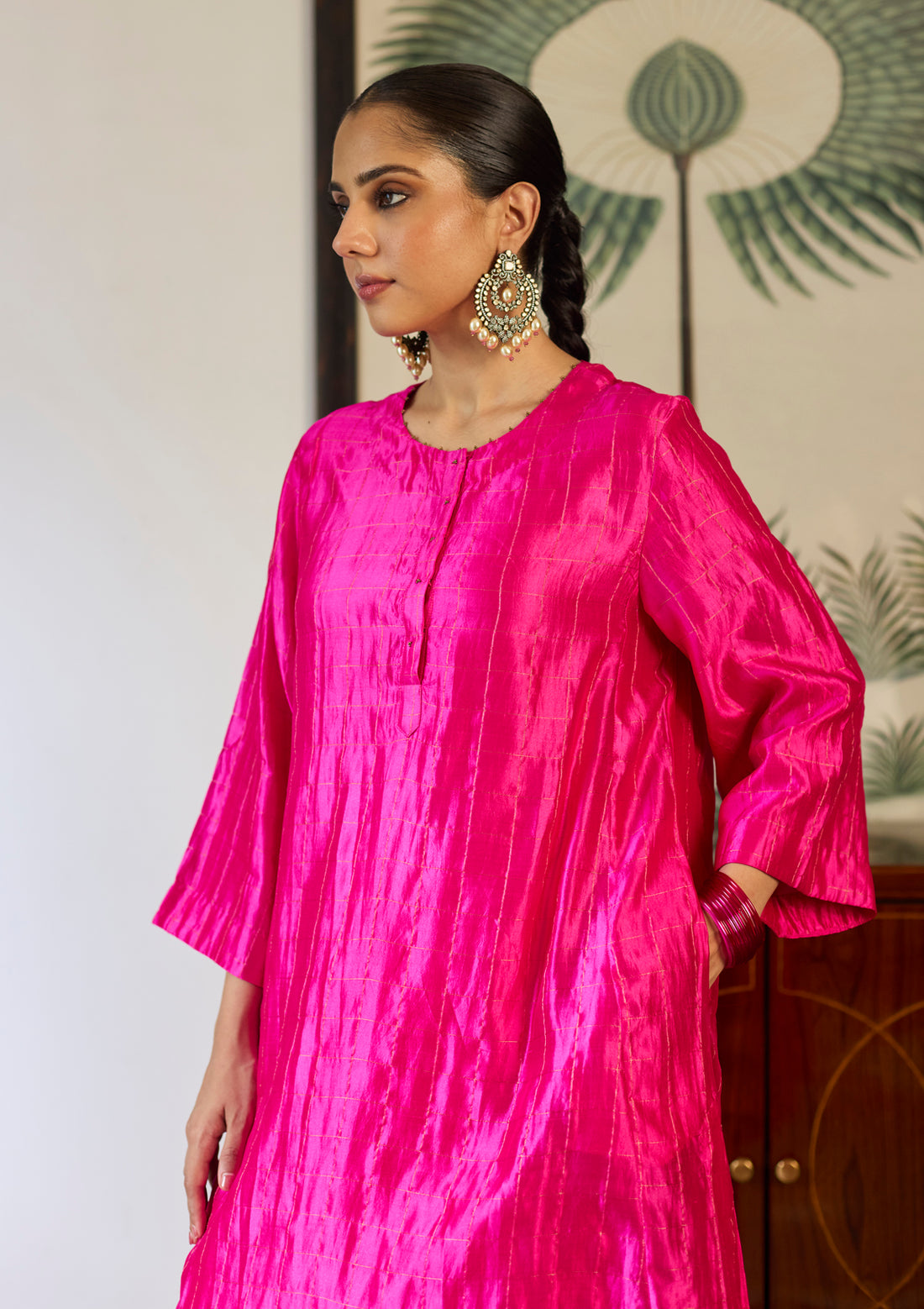 Fuchsia Zari Checkered Kurta Set