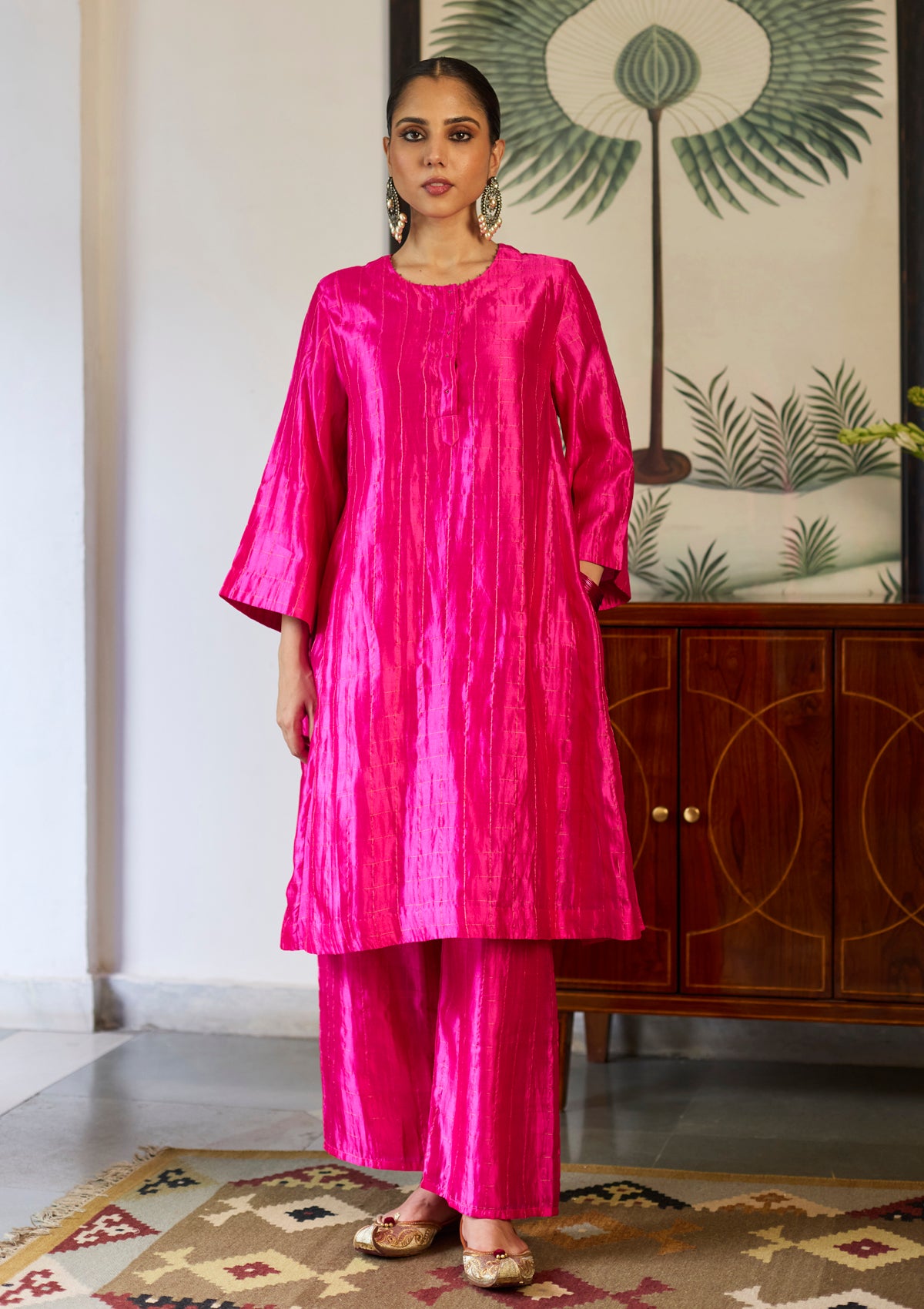 Fuchsia Zari Checkered Kurta Set